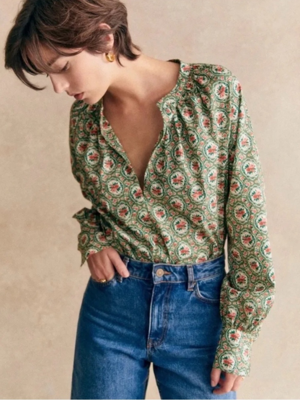 Sezane Green Floral Medallion Button-Front Blouse